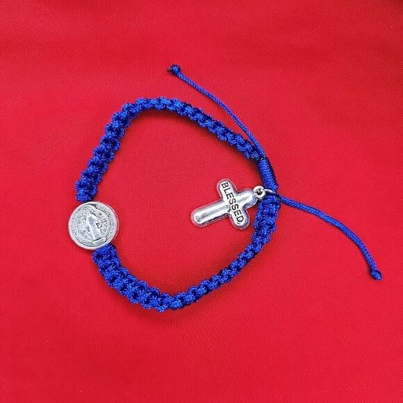 St. Benedict Blessed Cross Blue Bracelet Adjustable String Silver Tone Metal - Picture 1 of 6